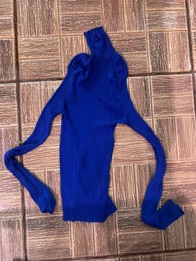 Zara Electric Blue Ribbed Semi Sheer Turtleneck Top